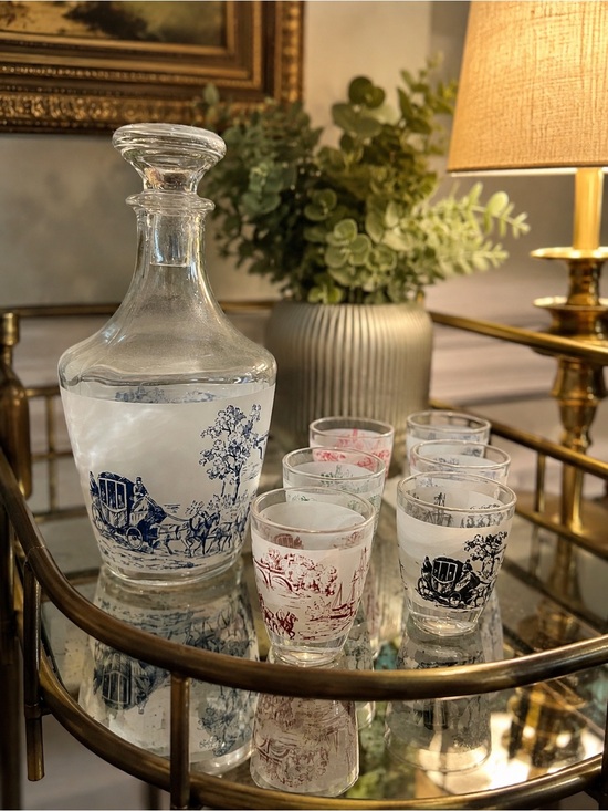Other - Vintage French Frosted Glass Decanter & 6 Shot Glasses Set